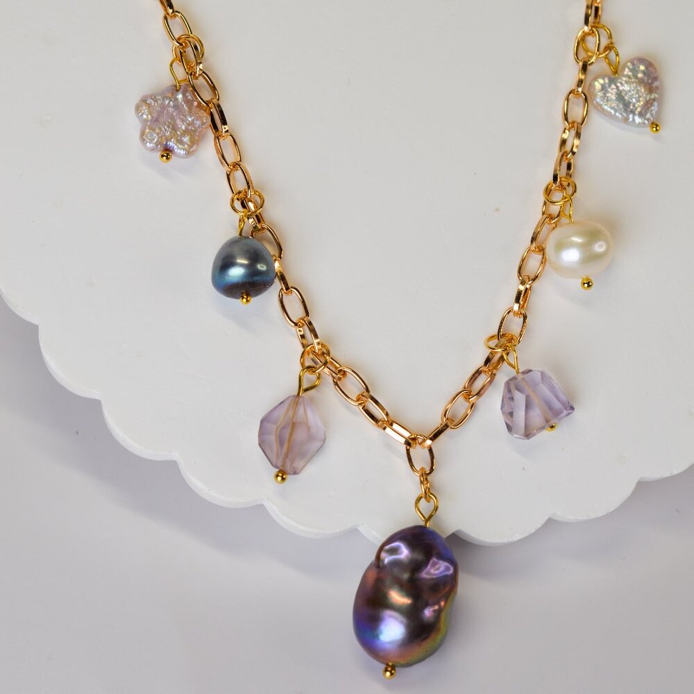 Pearl & Ametrine Charm Necklace - 16.5" to 18.5" - Picture 3 of 8